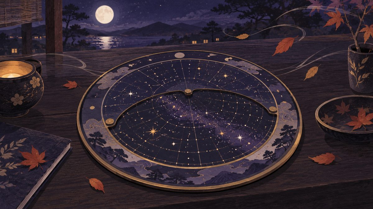 丸い星座盤の上を、風の渦と小さな葉っぱがふわっと流れていく