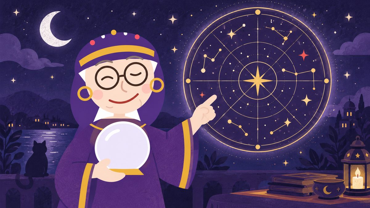 占いババアが星座の図を指さしている、やさしくて辛口な表情