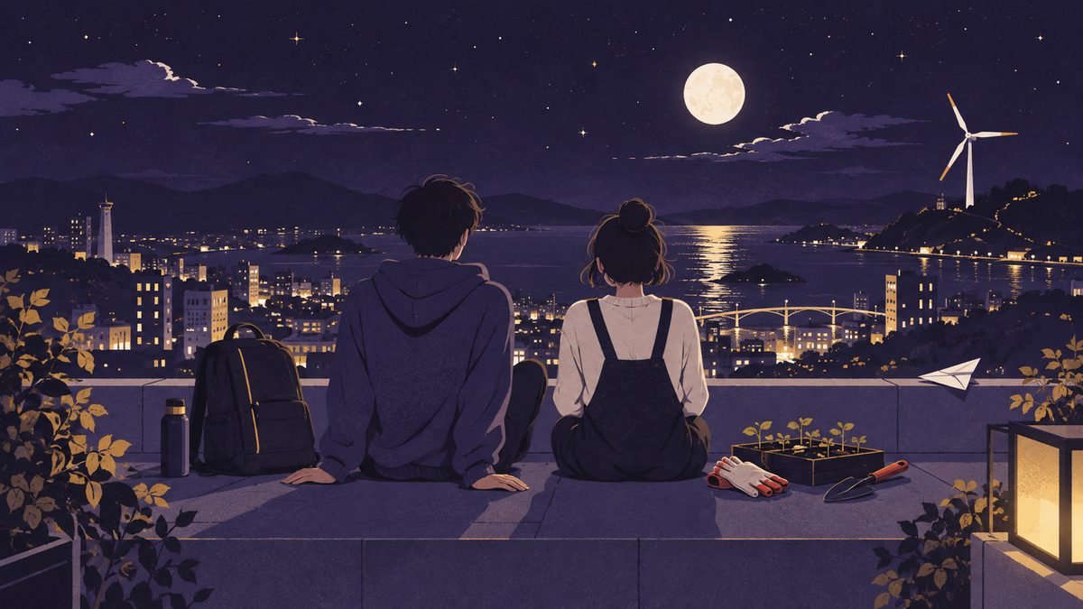 片方はハッカソン、片方は地域のボランティアから帰ってきて、夜の屋上でその日の話を聞き合っている二人
