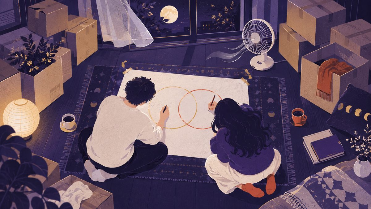引っ越し先を決めるため、段ボールに囲まれた部屋で二人が大きな紙に重なる二つの円を描いて条件を整理している場面