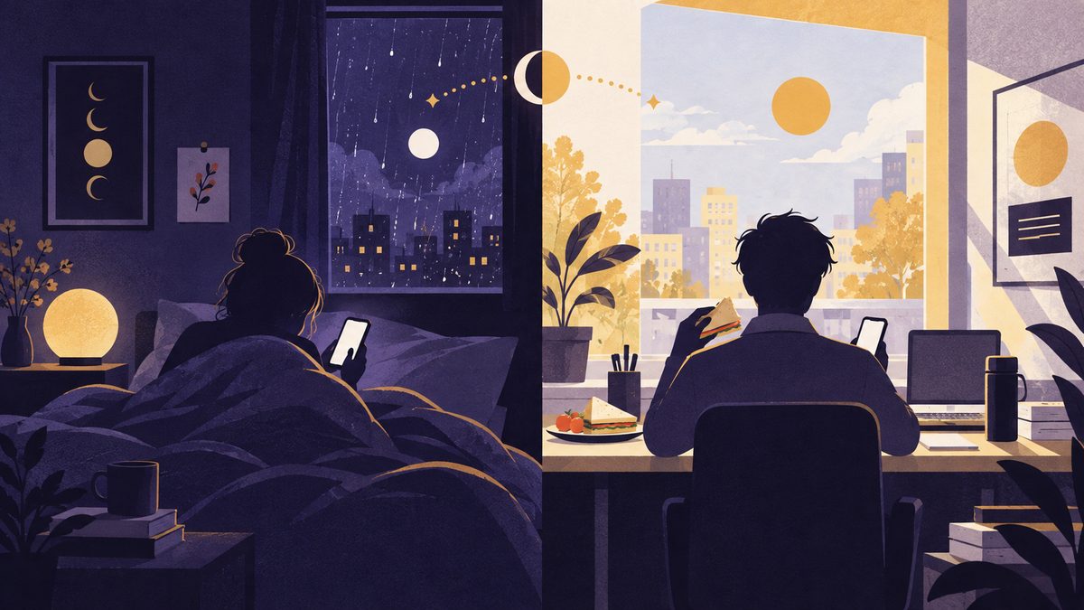 左は夜のベッドで光るスマホを抱えて返信を待つうお座、右は翌日の昼に職場でサンドイッチを食べながらスマホを見るみずがめ座