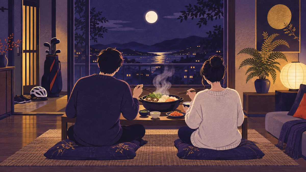 土曜はそれぞれの予定、日曜の夜は二人の時間。玄関に趣味の道具が置かれ、二人で鍋を囲む日曜の夜