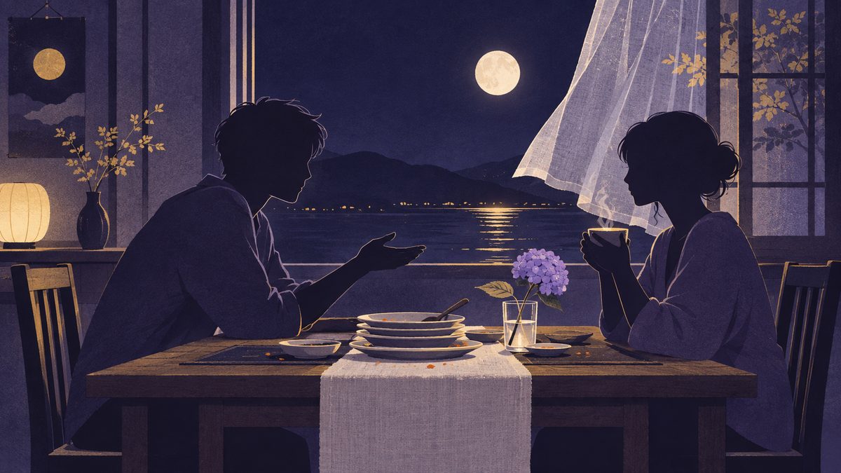 夕食のあとの落ち着いた時間に、テーブルで二人が向き合い、気持ちを言葉にしようとしている場面