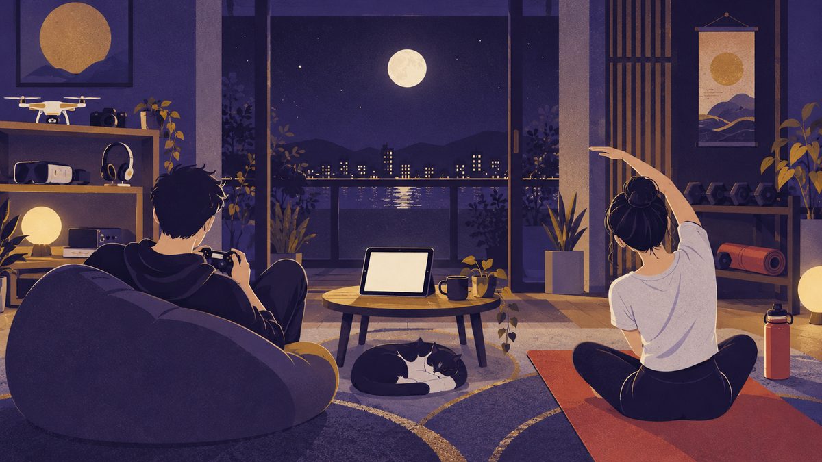 結婚しても、それぞれ好きなことを続ける暮らし。一つの部屋の半分にはドローン、もう半分には筋トレ道具があり、真ん中に共有のタブレットがある