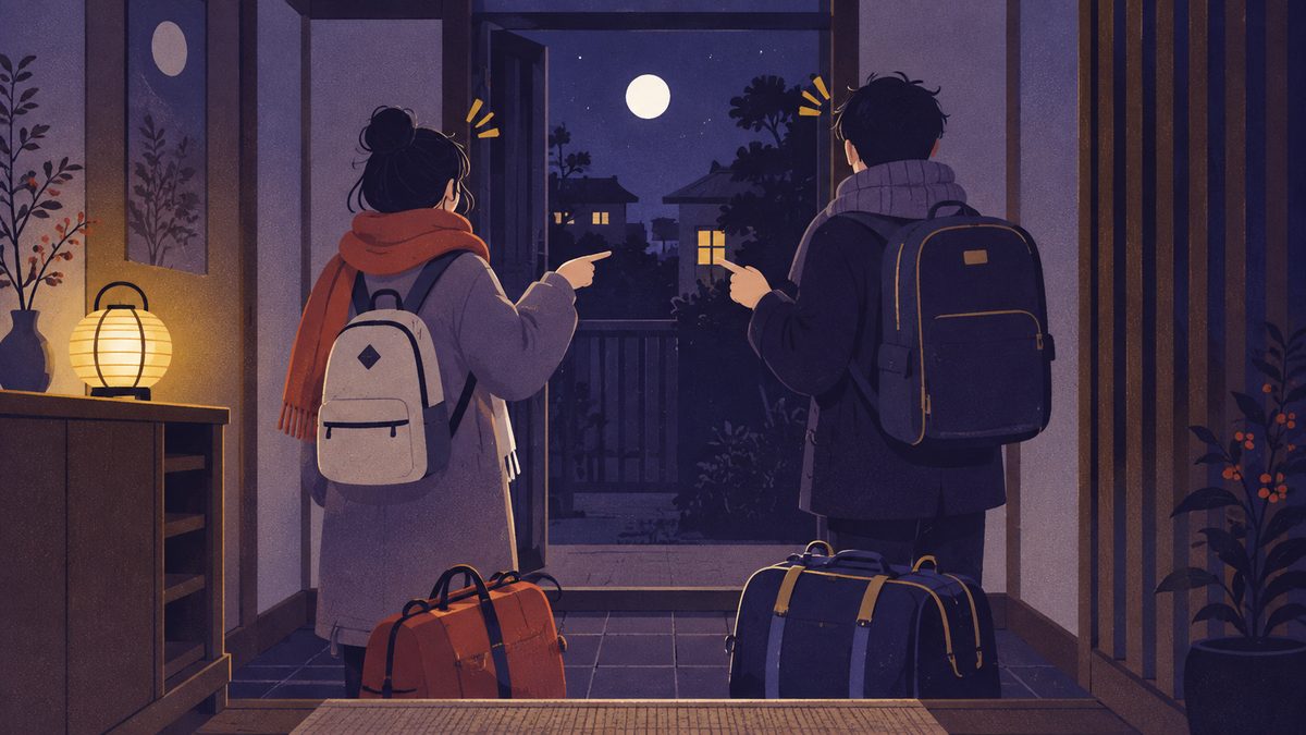 旅行の前日、玄関に荷物を置いたまま「予約してくれたと思ってた」と二人で顔を見合わせている場面