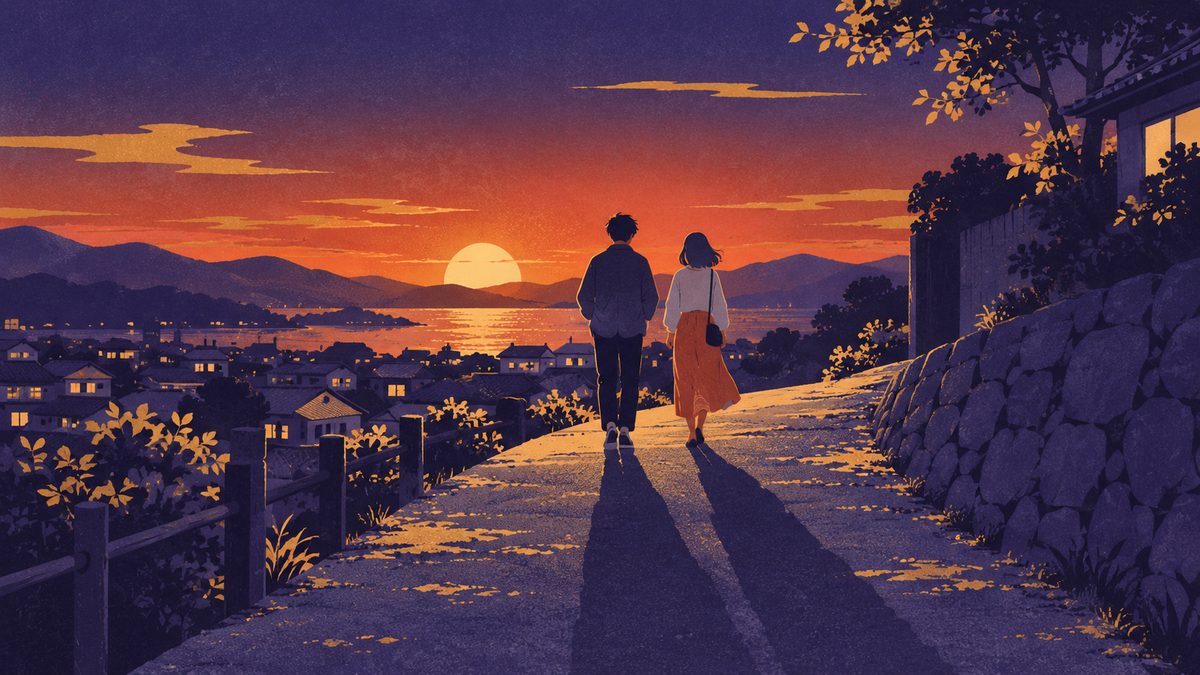 ケンカのあと、夕焼けの坂道を二人で並んで散歩に出て、気持ちを切り替えている遠景