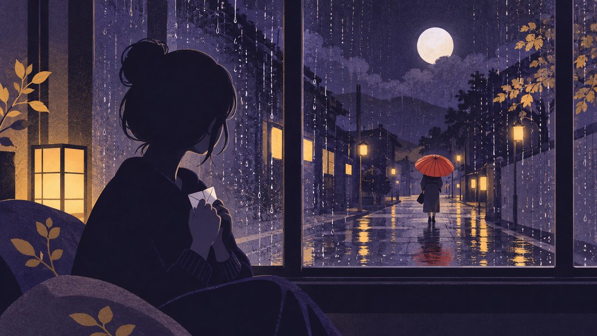 不満をすぐ言って忘れる人と、言えずに胸にしまっている人。雨の窓辺で折りたたんだ紙を胸に抱えている人と、外を軽い足取りで歩いていく人の後ろ姿