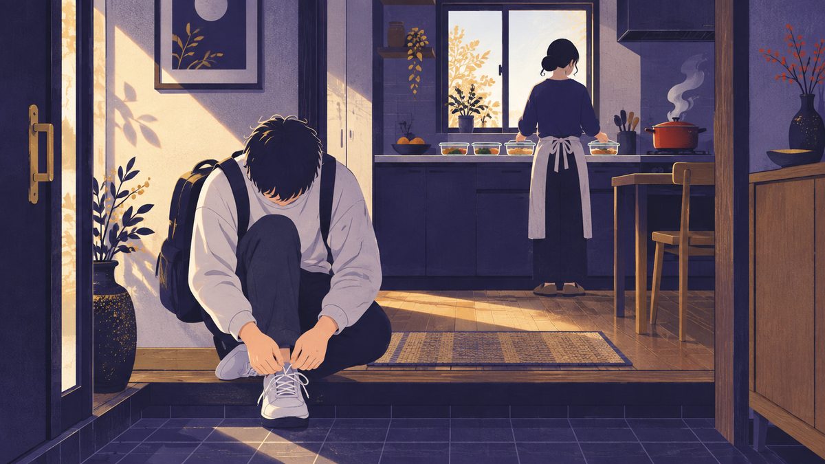 土曜の朝、一人は玄関でスニーカーのひもを結んで出かけたがり、もう一人は台所で作りおきの容器を並べている場面