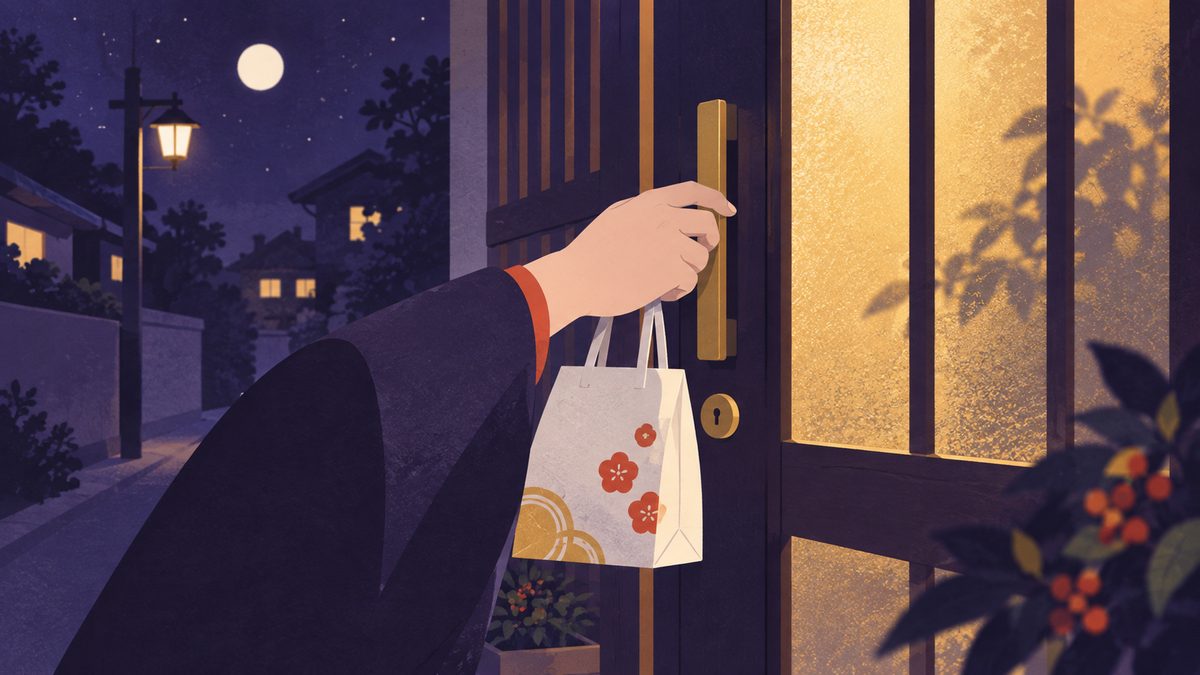仲直りの日、相手の好きなお菓子の紙袋を手に、家のドアを開けようとしている手元