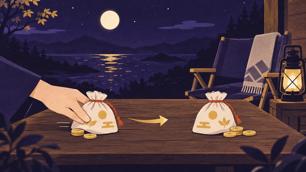 それぞれの自由に使えるお金を先に分けておく夫婦。二つの布の小袋と、奥にたたまれたキャンプ道具がある