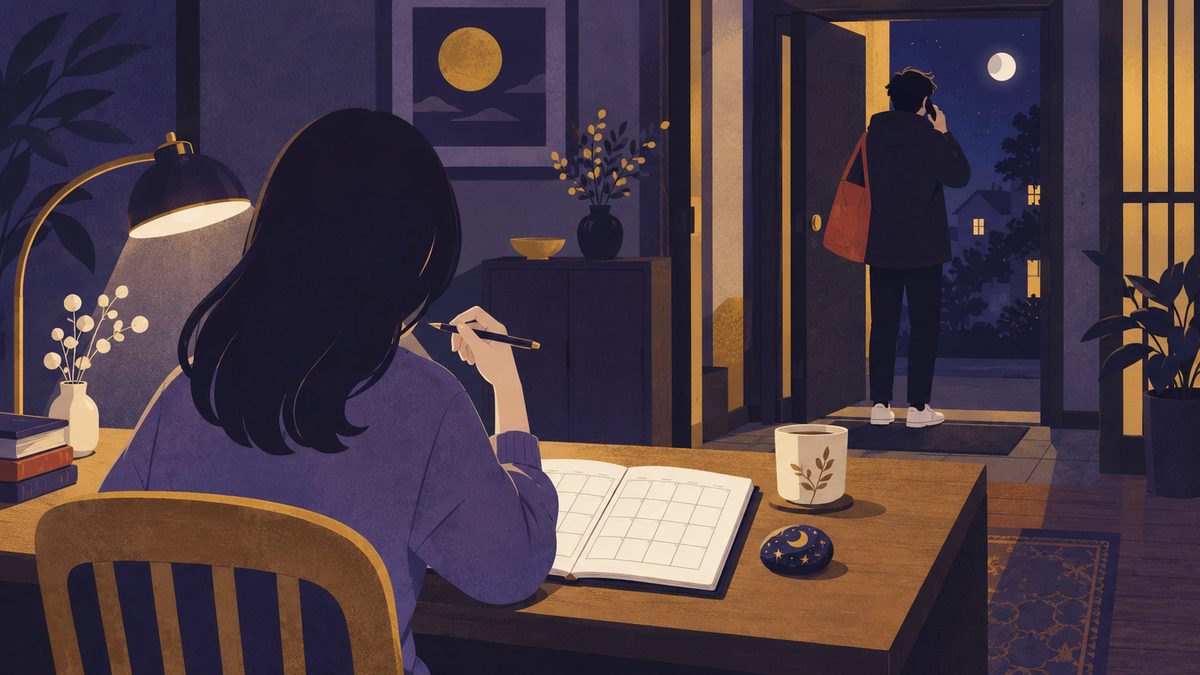 前日に急な予定を伝えられて計画を崩された場面。一人が電話を手に玄関に立ち、もう一人は机で開いた手帳を前にペンを止めている