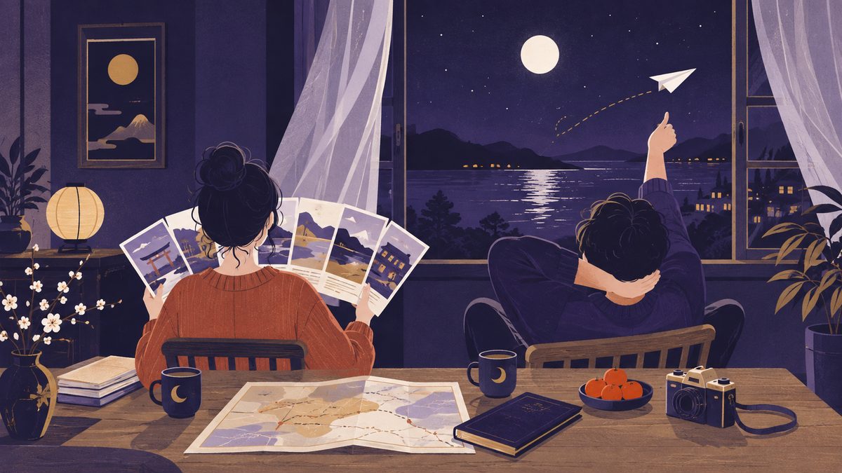 旅行の計画で、一人がホテルのパンフレットを5枚広げて見比べているあいだに、もう一人はもう予約を済ませて紙飛行機を飛ばしている場面