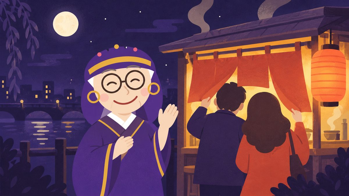 言い合いのあと、二人で屋台ののれんをくぐってごはんを食べに行くところを、占いババアがにこにこ見送っている