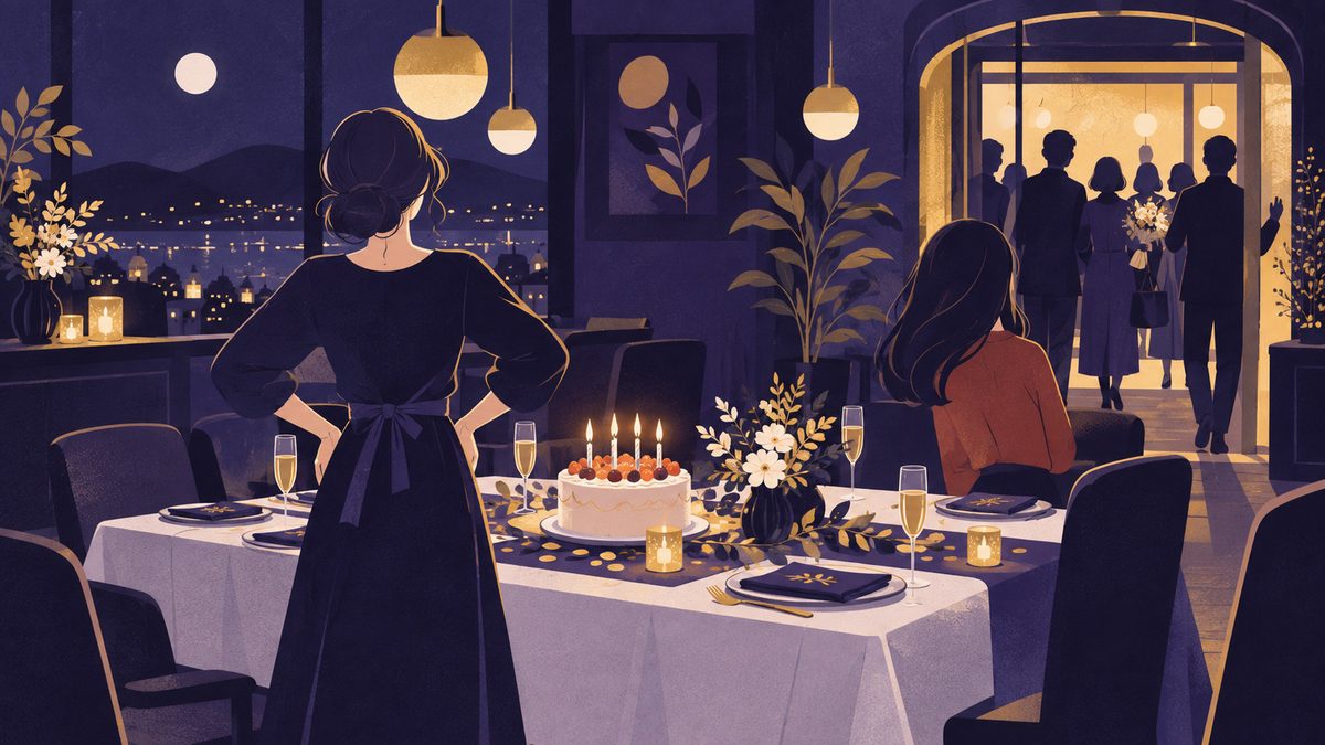 友人の誕生日会で、段取りをしたしし座がケーキとろうそくの前に立ち、おひつじ座が混んだ店の入口のほうを見ている場面