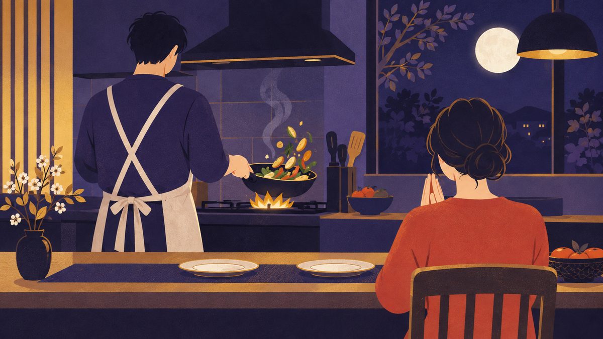 料理が好きなほうがフライパンをふり、もう一人がカウンターで手を合わせて「おいしかった」と伝えている台所