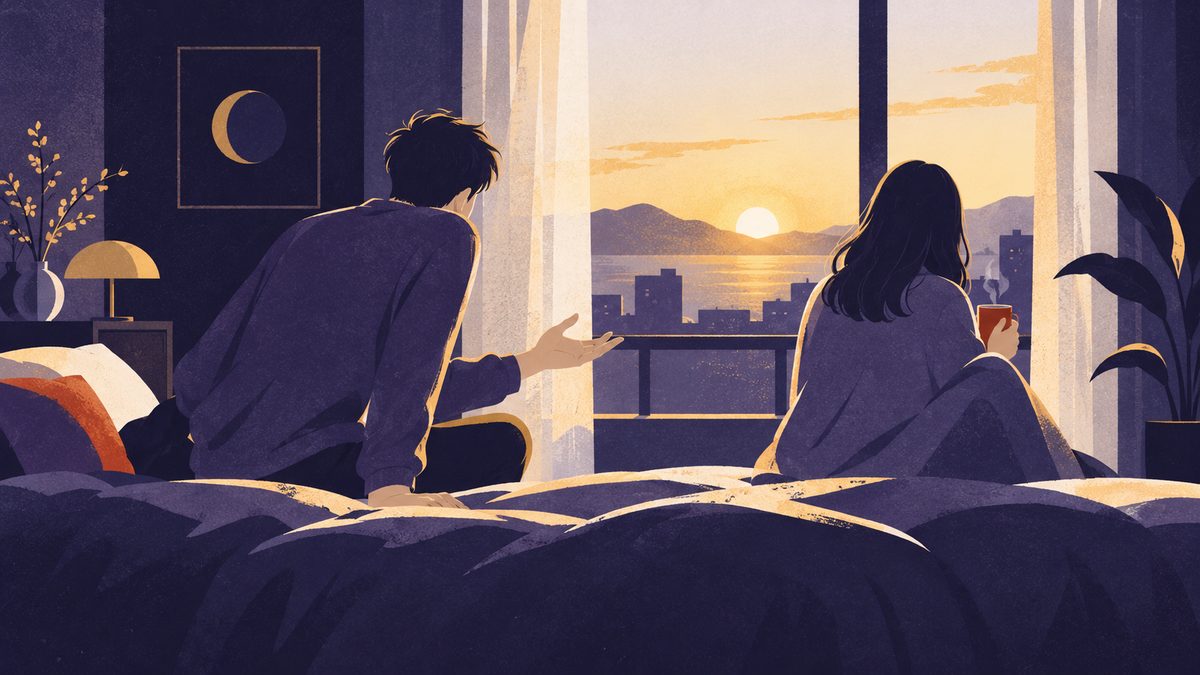 ケンカの翌朝、朝日の入る部屋で、一人がいつもどおり話しかけ、もう一人はコーヒーカップを持ったまま背を向けている
