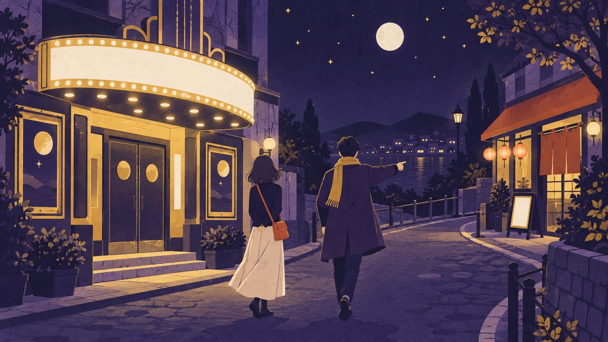 映画のあと、一人は「次どこで食べる？」と先を歩き、もう一人は振り返って映画館の灯りを見ている場面