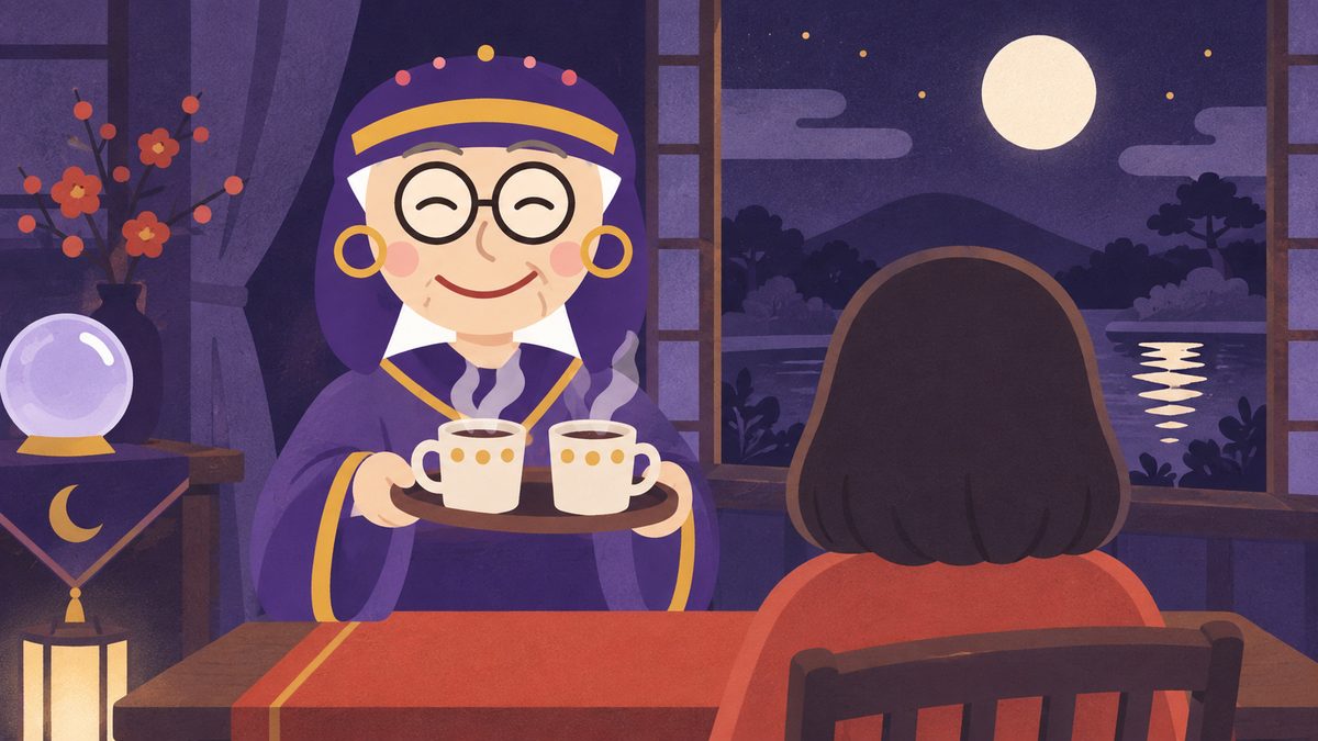 ケンカのあと、うお座が話せるようになるまで待つ。窓辺で座って待つ人の横に、占いババアが温かい飲み物を2つ運んできた