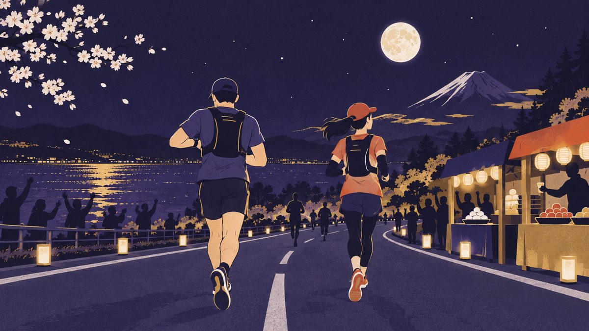 マラソン大会で、一人は腕時計のタイムを気にし、もう一人は沿道の屋台や山の景色を見ている後ろ姿