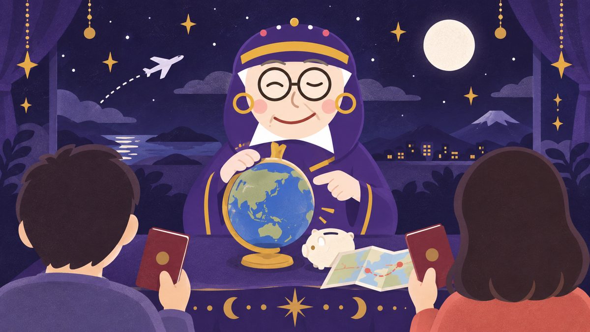 年に一度の大きな旅行を目標に貯金をする二人。占いババアが小さな地球儀を指さし、二人がパスポートを手にしている