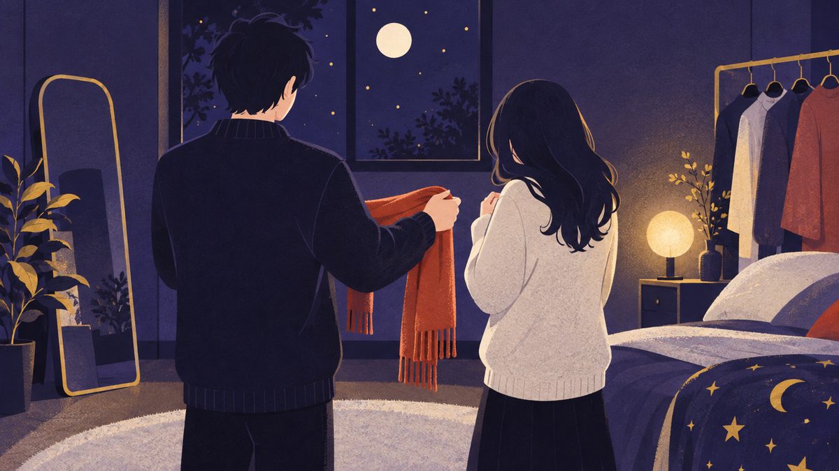 「その服、あんまり似合わないね」と言いすぎたあと、鏡の前で一人がもう一人にそっとマフラーを差し出している