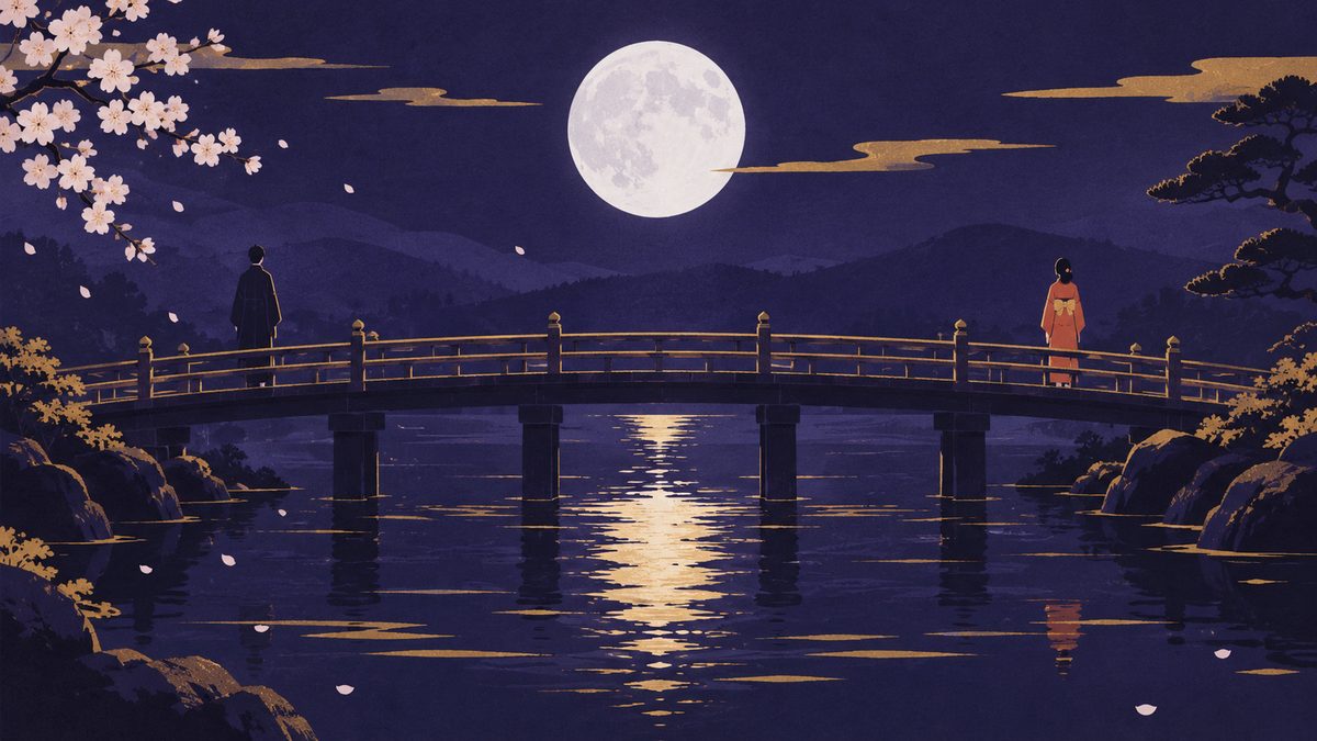 ケンカのあと、川にかかる橋の両はしに離れて立ち、水面に月が映っている遠景