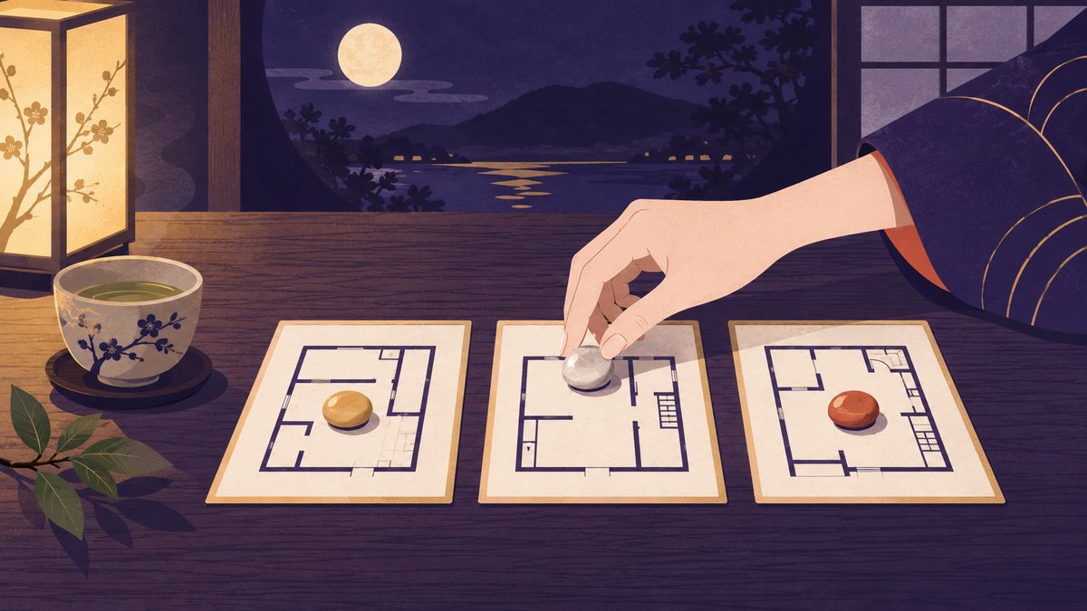 引っ越し先を三つの候補にしぼり、間取り図のカード3枚と陶器の湯のみが並ぶテーブル