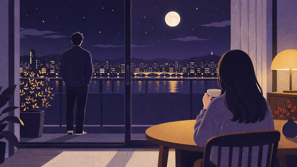 ケンカのあと、一人がベランダに出て夜風にあたり、部屋の中のもう一人はテーブルで湯のみを両手で包んで考えている