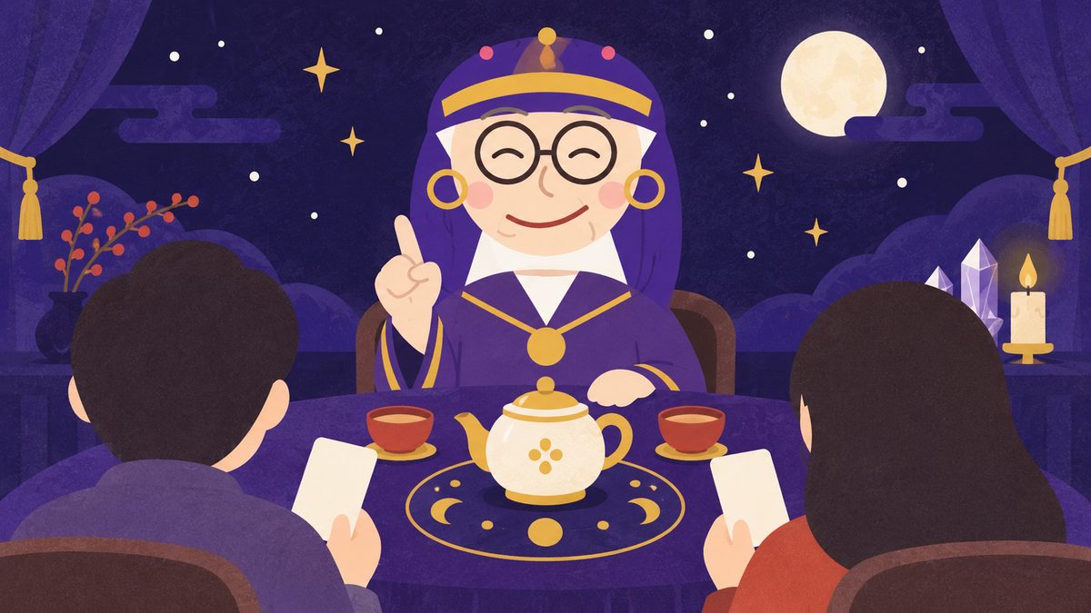 ケンカのあと「何が嫌だったか」を一つずつ言い合う場面。占いババアが人差し指を1本立てて、カードを1枚ずつ持った二人を見守っている