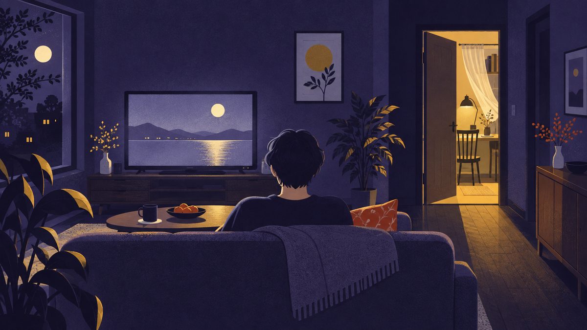 夜ごはんのあと、一人はテレビの明かりのリビングでソファに座り、もう一人は廊下の先の自分の部屋に行ってしまう場面。半分開いたドアから小さな書斎の灯りがもれている