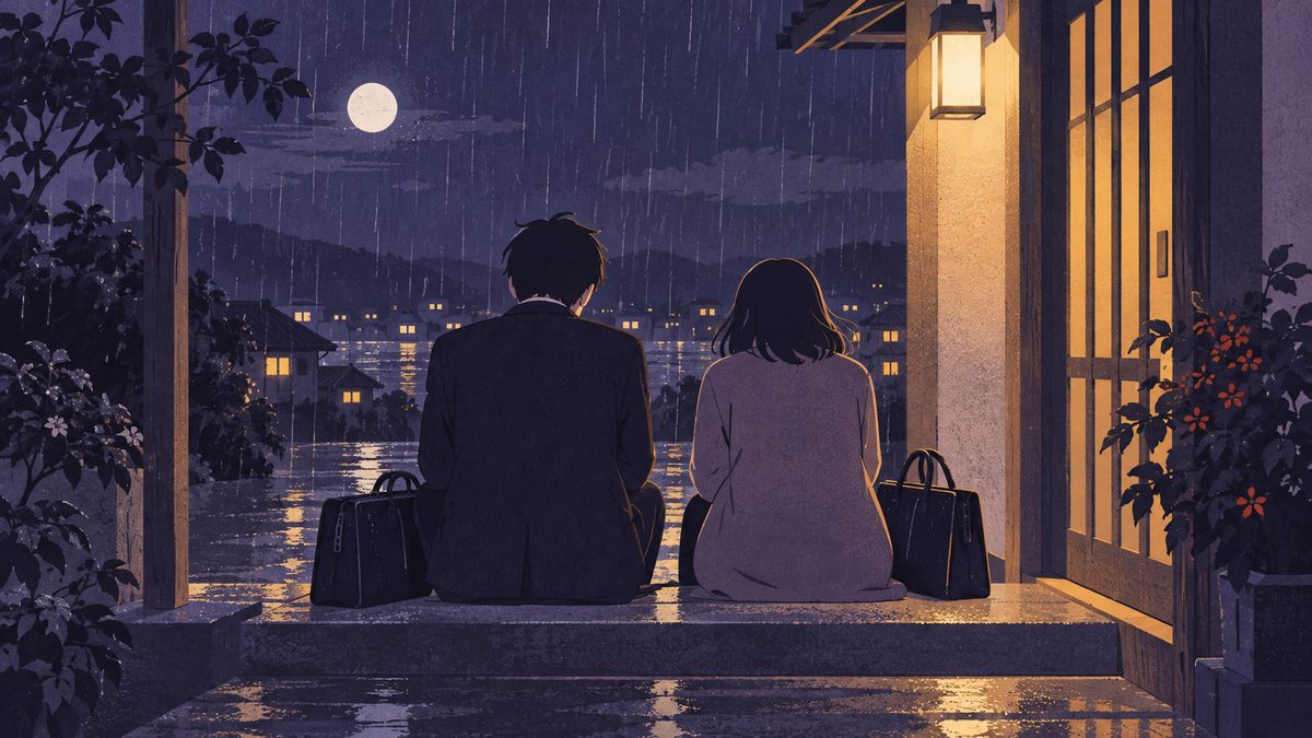 「元気だよ」と言い合いながら、実は二人とも疲れている場面。雨の夜、玄関先の段に並んで座る後ろ姿の二人の横に、重そうな仕事かばんが置かれている