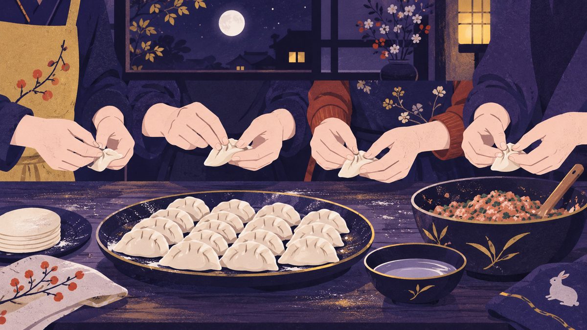 仲直りのあと、二人で好きな料理を一緒につくる場面。台所で並んで餃子を包む手元