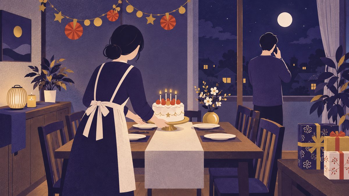 家族の行事を二人で準備する場面。かに座が家でケーキを用意し、しし座が電話で親戚に声をかけている