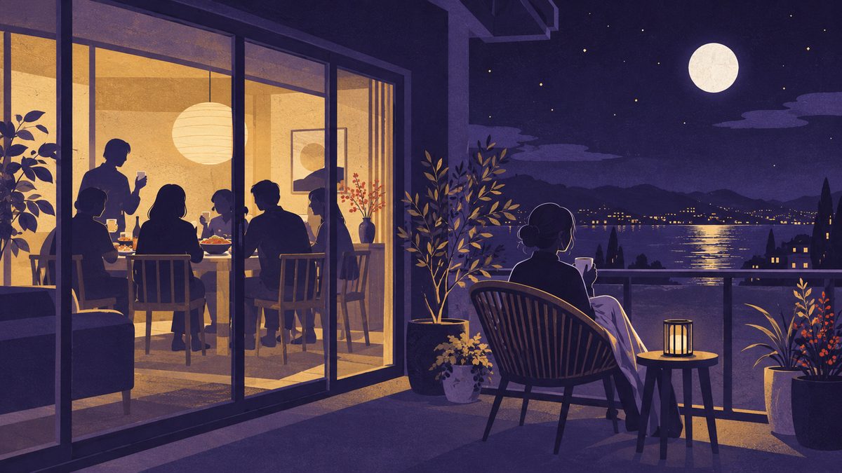 家に人を招くかどうかの場面。部屋では来客がにぎやかに食事をしていて、一人がベランダに出て植木鉢のそばで静かに休んでいる