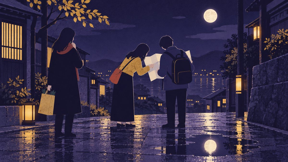 夕方の道で、うお座が地図を持って迷っている人に声をかけ、少し後ろでかに座が買い物袋を下げて心配そうに見ている場面