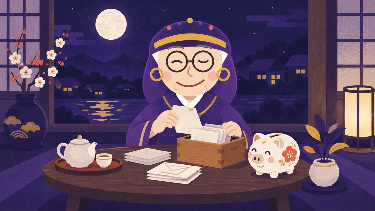 税金や保険の書類を月に一度まとめて片づける日の場面。占いババアがちゃぶ台で封筒の山を仕分けて箱に入れ、横に陶器の貯金箱が置かれている