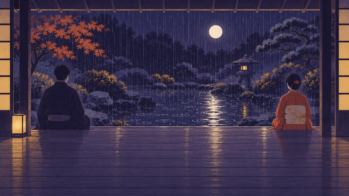 ケンカのあと、どちらも言い出せずに距離ができている場面。雨の降る縁側の両はしに、二人がそれぞれ離れて座り、雨を見ている