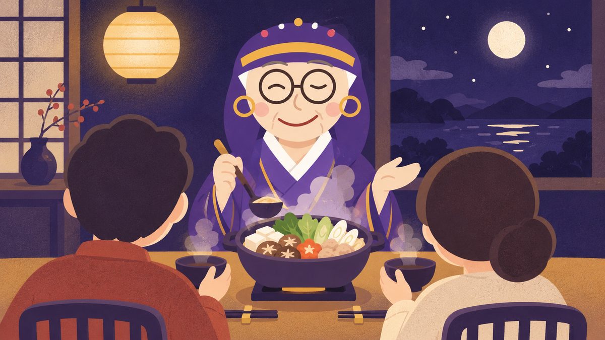 仲直りのあと、家で一緒に鍋を囲む二人。占いババアがそのそばで「これでいいのさ」とにこにこ見守っている場面