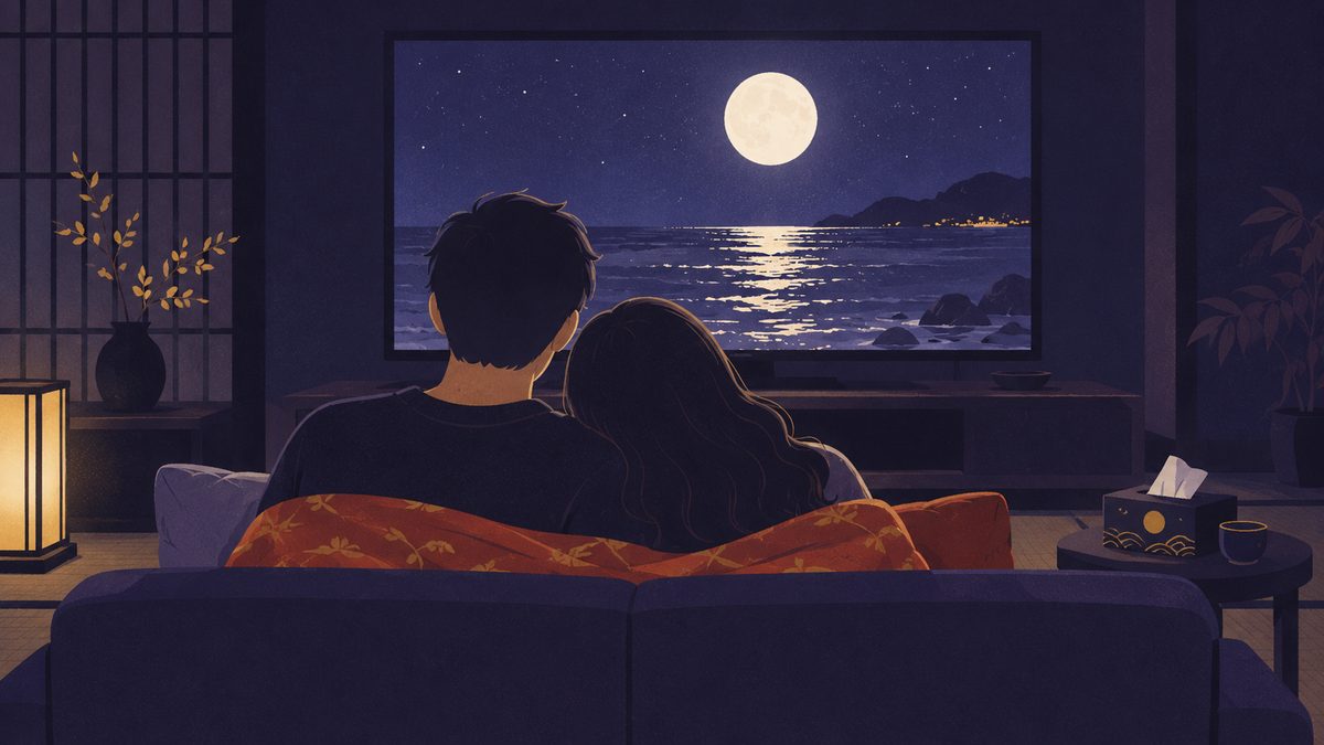 家で映画を観て、同じ場面で涙ぐむ二人。暗い部屋のソファに並んだ後ろ姿が、画面の明かりに照らされている