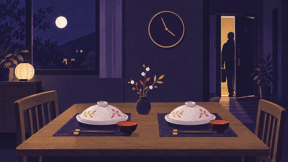 帰りが遅くなった日の場面。ラップをかけた夕食が並ぶ食卓と、遅い時刻をさす壁の時計、玄関のドアが少しだけあいている