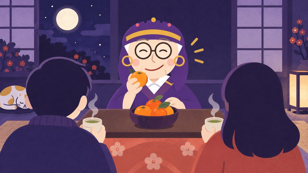 日曜の夜、こたつで温かいお茶を飲みながら一週間のことを話す二人。そのそばで占いババアがみかんを手にうなずいている場面