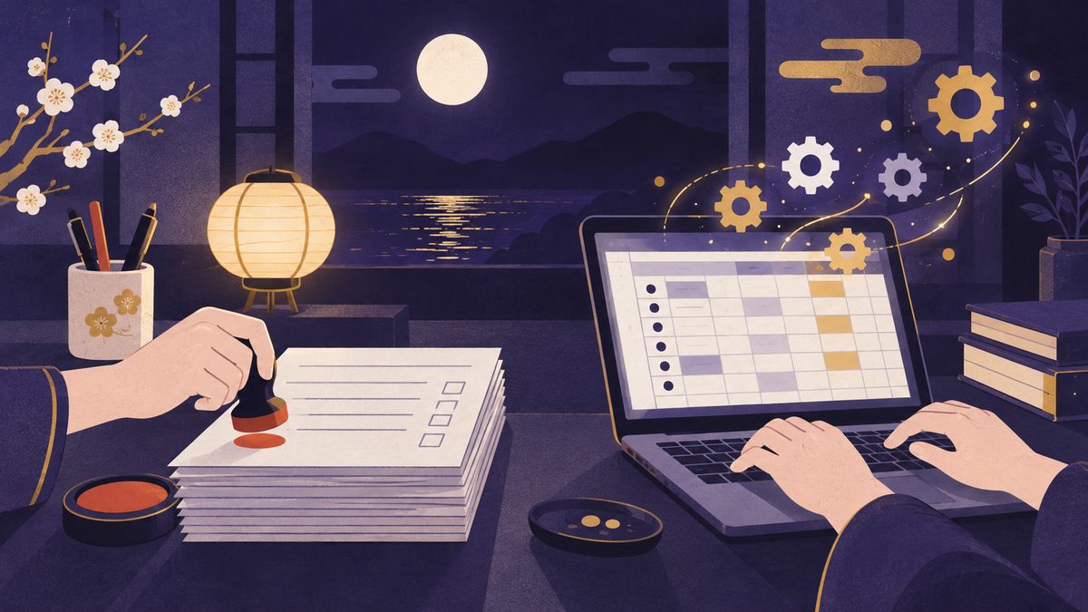 職場で、やぎ座は去年と同じ紙の書式にはんこを押し、みずがめ座はノートパソコンの表計算で自動化しようとしている机の場面