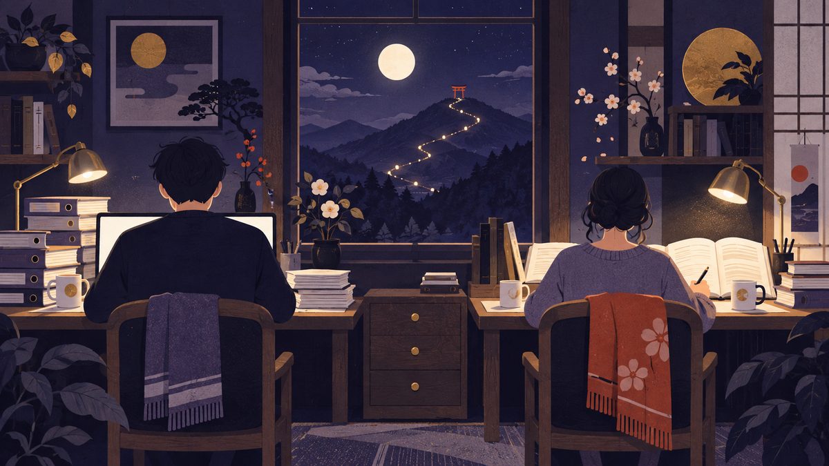 一人は昇進、一人は資格で独立を目指していて、休日も同じ部屋で背中合わせの机に向かっている二人