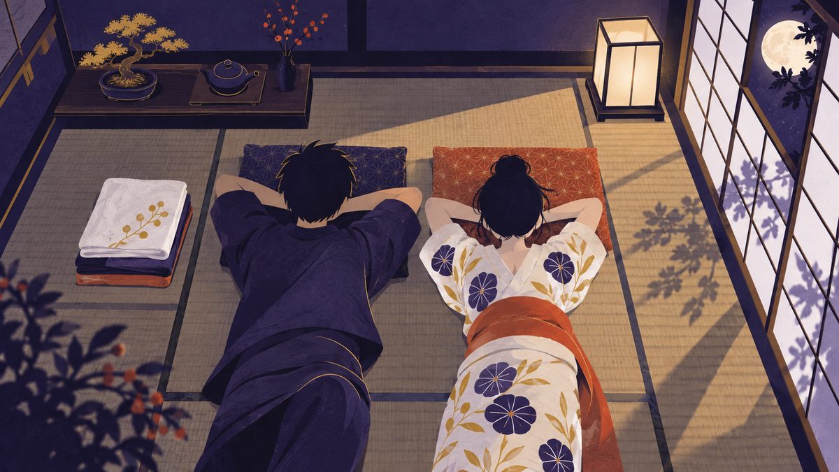 家事をきっちり分けすぎず、月に一度の予定のない日に二人で畳に寝ころんでいる結婚生活の場面