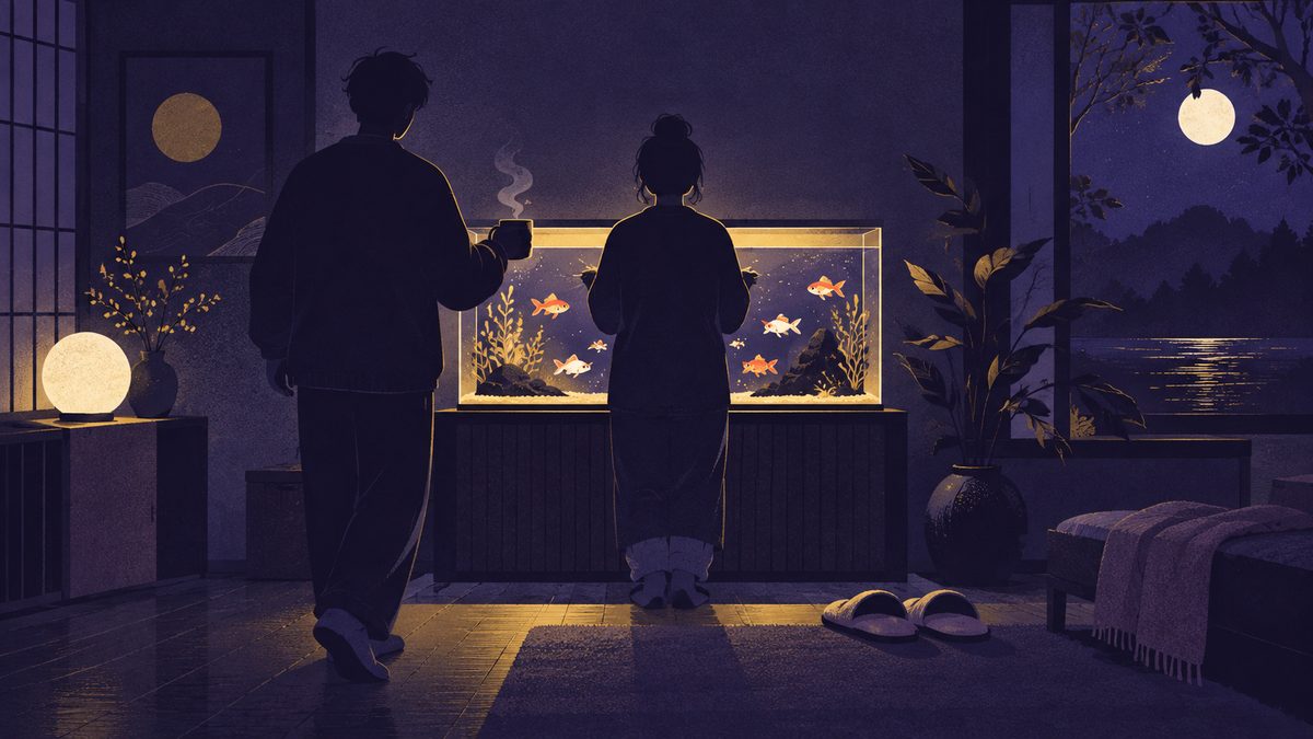 やぎ座の正論で落ちこんだうお座が、薄暗い部屋で水槽の前に背を向けて立ち、やぎ座が後ろから温かい飲みものを差し出している場面