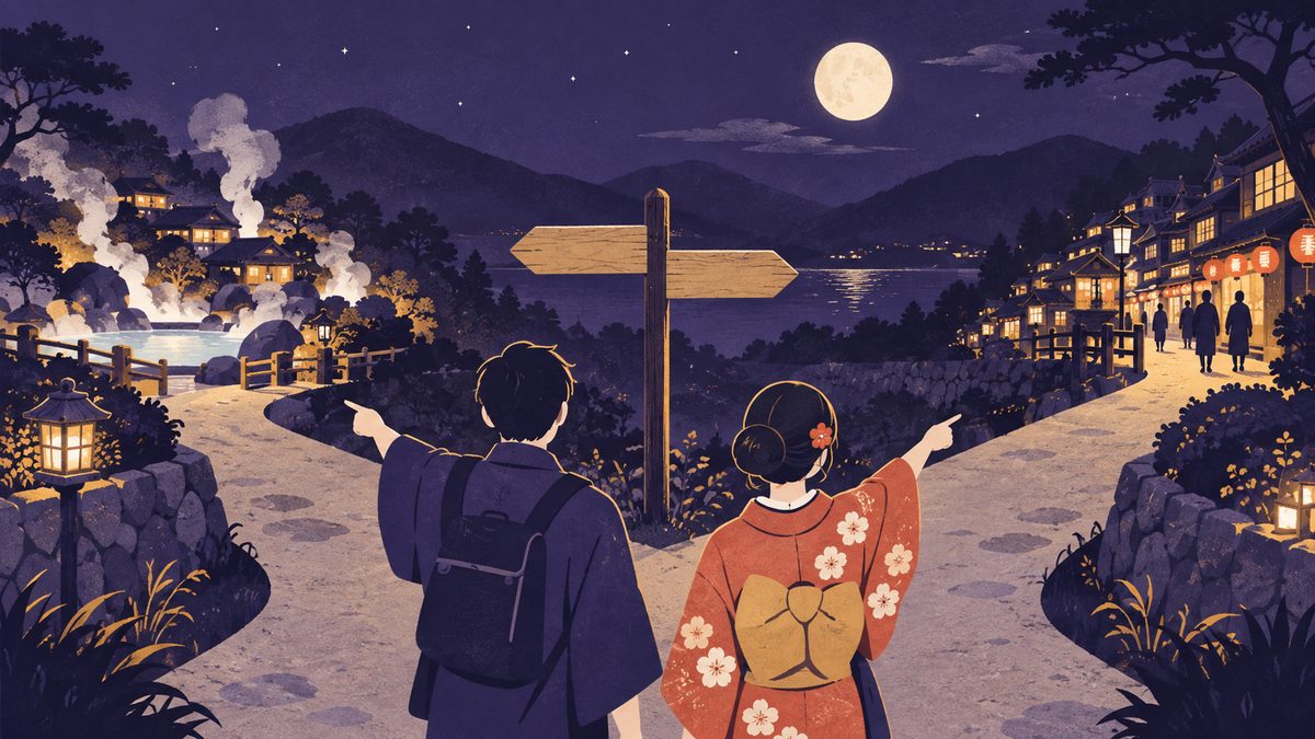 旅行先を決める場面。道しるべのある分かれ道で、片方は湯けむりの上がる温泉の方向を、もう片方はにぎやかな街並みの方向を指さしている