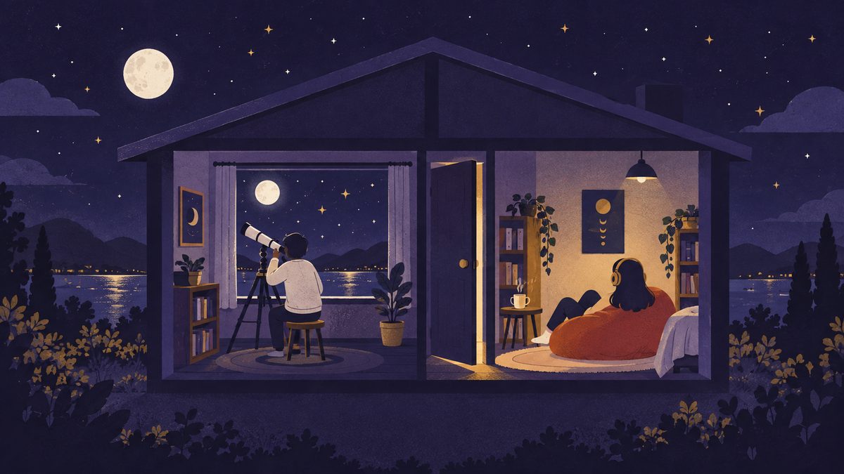 言い合いのあと、別々の部屋で好きなことを始めてしまう二人。片方は望遠鏡をのぞき、もう片方はヘッドホンで音楽を聴いていて、間のドアが少しあいている