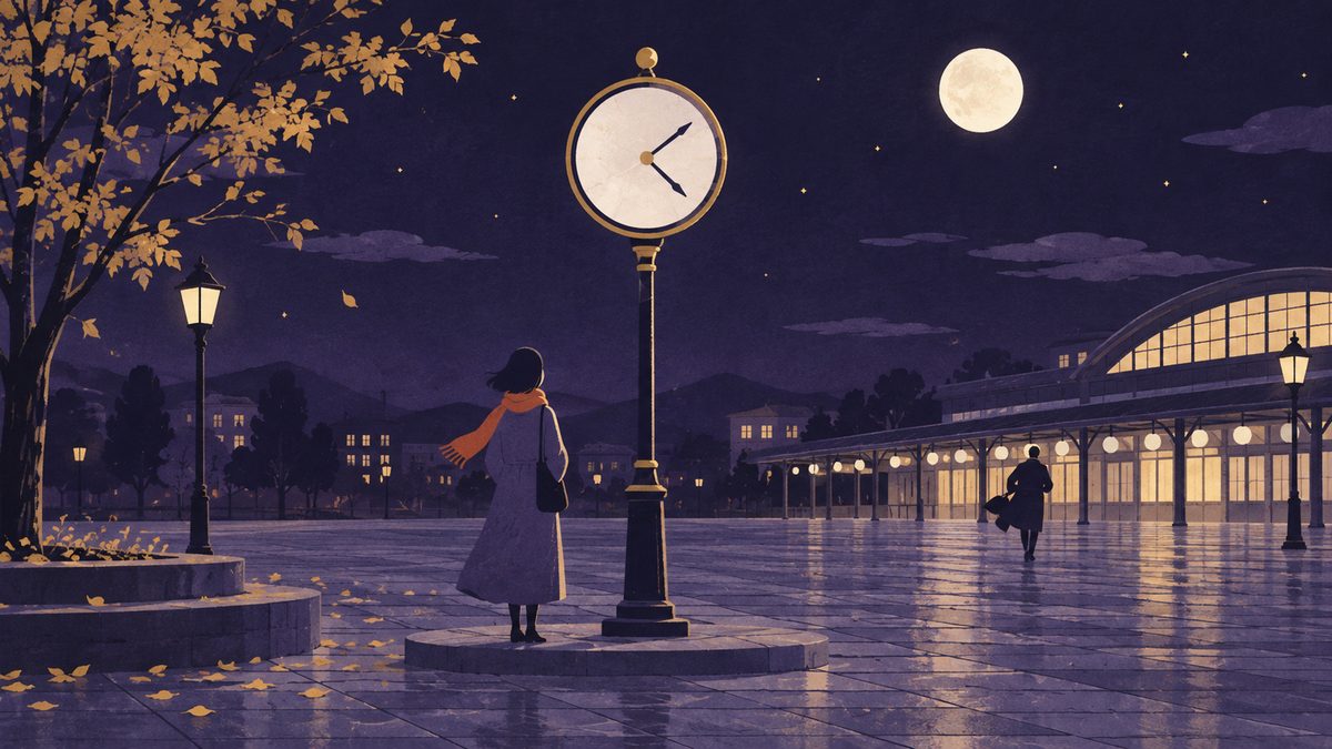 待ち合わせの場面。駅の大時計の下で一人が早めに待ち、遠くの石畳をもう一人が急いで走ってくる