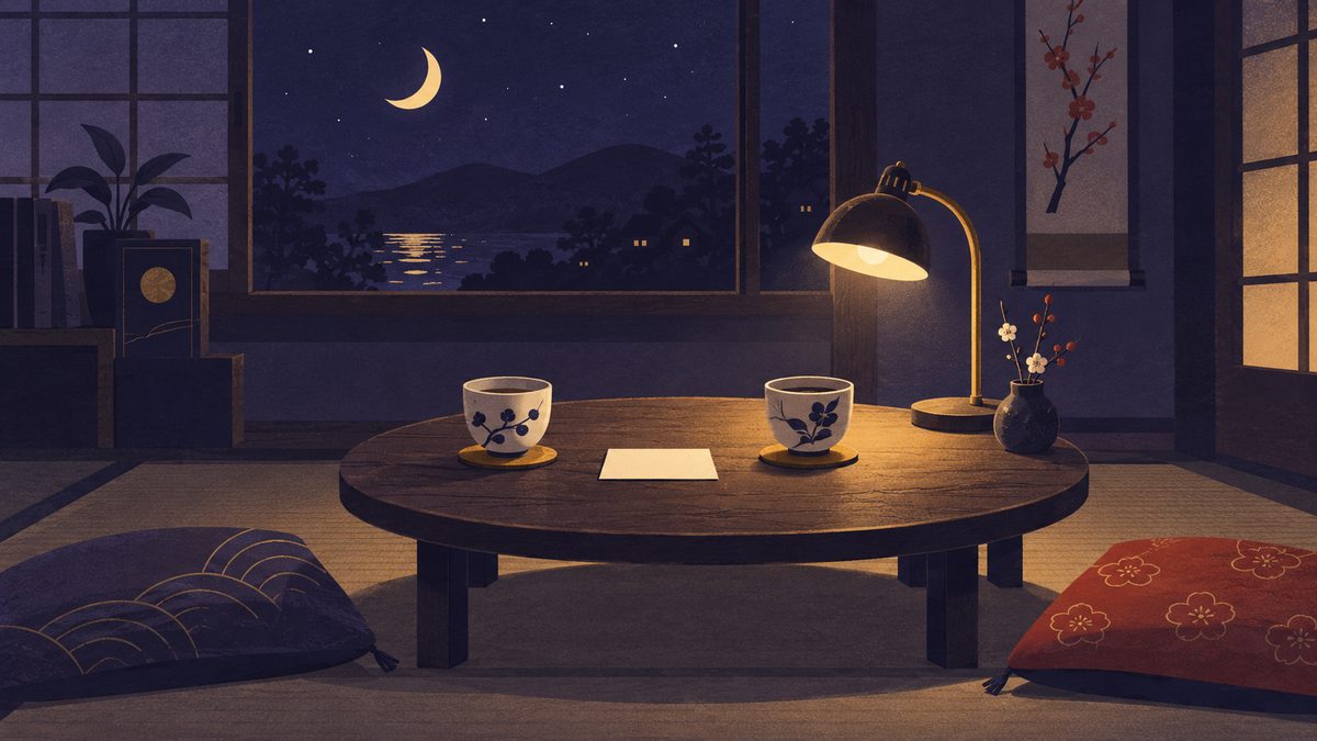 夜遅くまで話し合ったあと、次のルールを一つだけ決めた場面。冷めた二つの湯のみのあいだに、白いメモが一枚置かれている