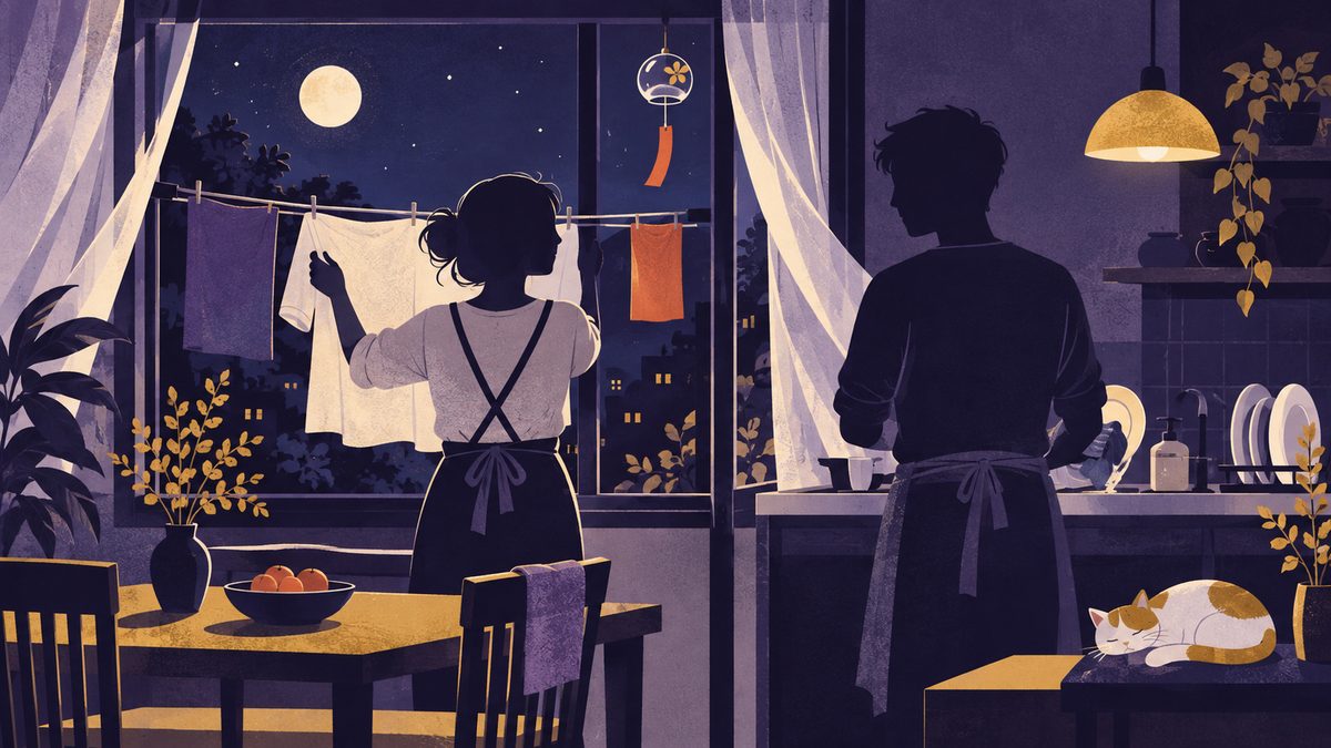 家事をその日の都合で決め、話しながら片づける場面。洗濯物を干す人と皿を洗う人が楽しそうに会話している